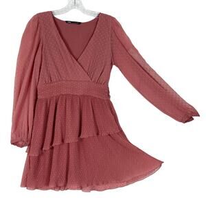 Nwot ZARA Dress S Pink Chiffon SwissDot V Plisse Ruffle Fit&Flare Puff-Balloon-S